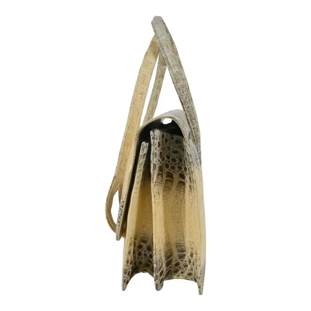 Beige Croc Leather Top Handle Bag